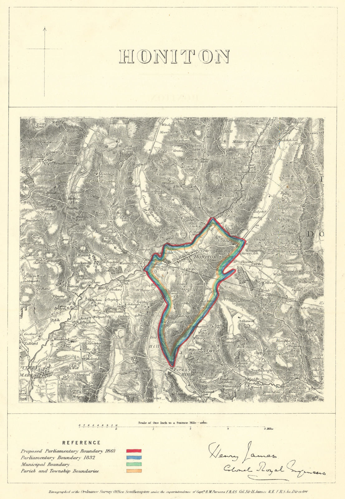 Honiton, Devon. JAMES. Parliamentary Boundary Commission 1868 old antique map